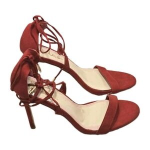 Lulus Red Lace Up Heels Size 8.5 Strappy Stiletto Sandals Faux Suede Women's
